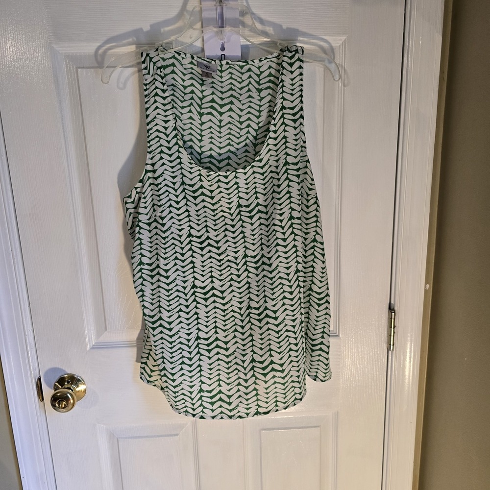 Worthington Womens Tank Top Size XL Green White Semi-Sheer Sleeveless Blouse